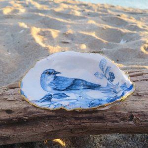 Berry Bluebird Oyster Shell Decoupage Trinket Dish Handmade